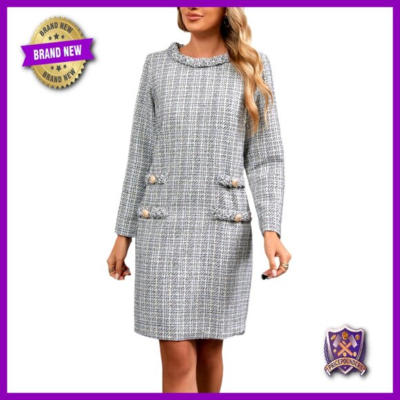 Dresses & Skirts - Long Sleeve Tweed Mini Dress Elegant Business Casual Party Wear A-Line